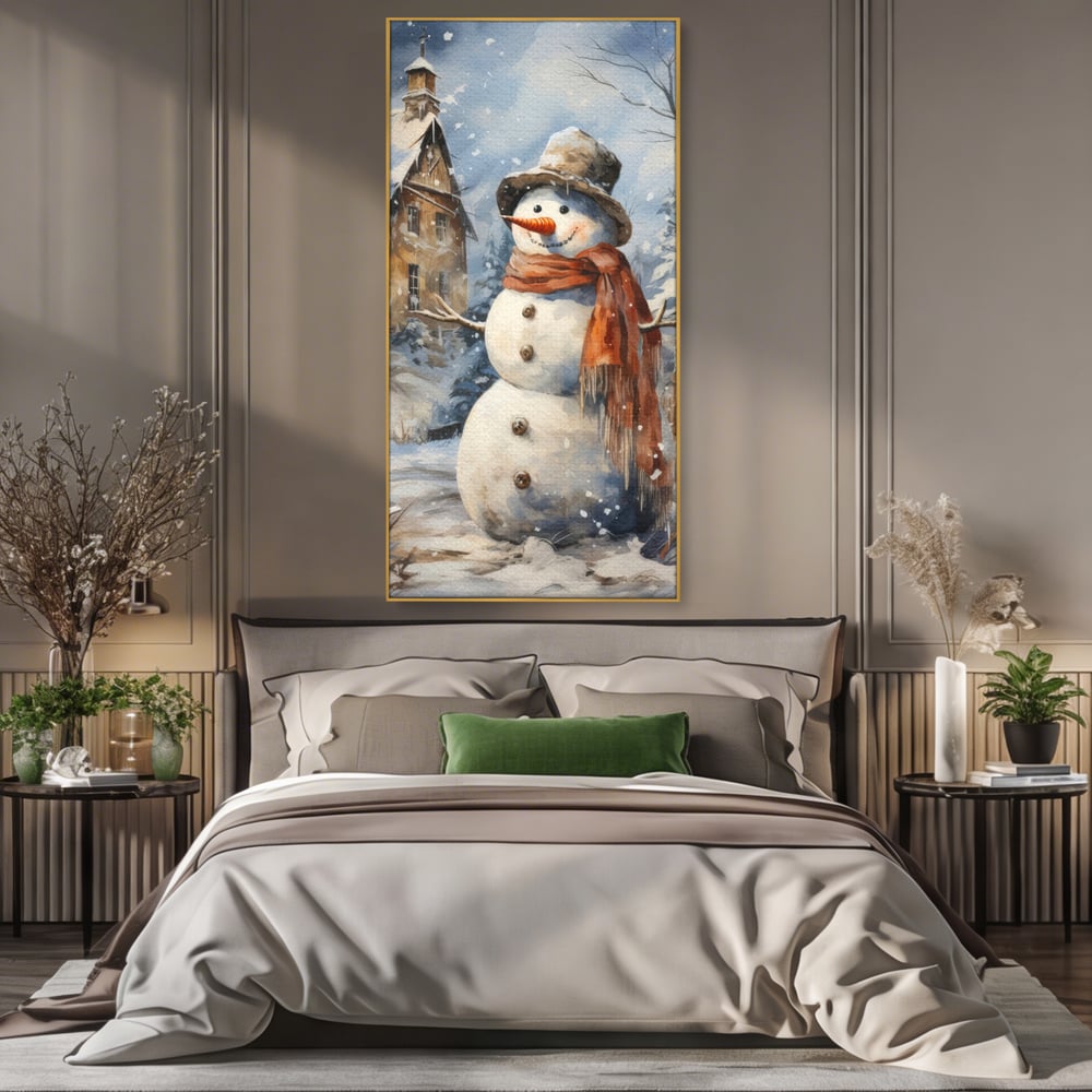 Tablou canvas cu tablou canvas cu om de zapada, in rama de aluminiu auriu, pe perete intr-un dormitor
